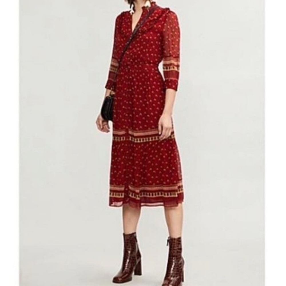 BA&SH Bari Boho-Print Gerogette Midi Dress In Carmin Red